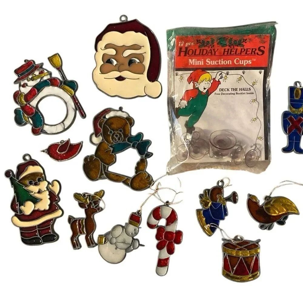 Christmas Ornaments Faux Stained Glass Vintage Bright Holiday Set of 12 VtG 90s